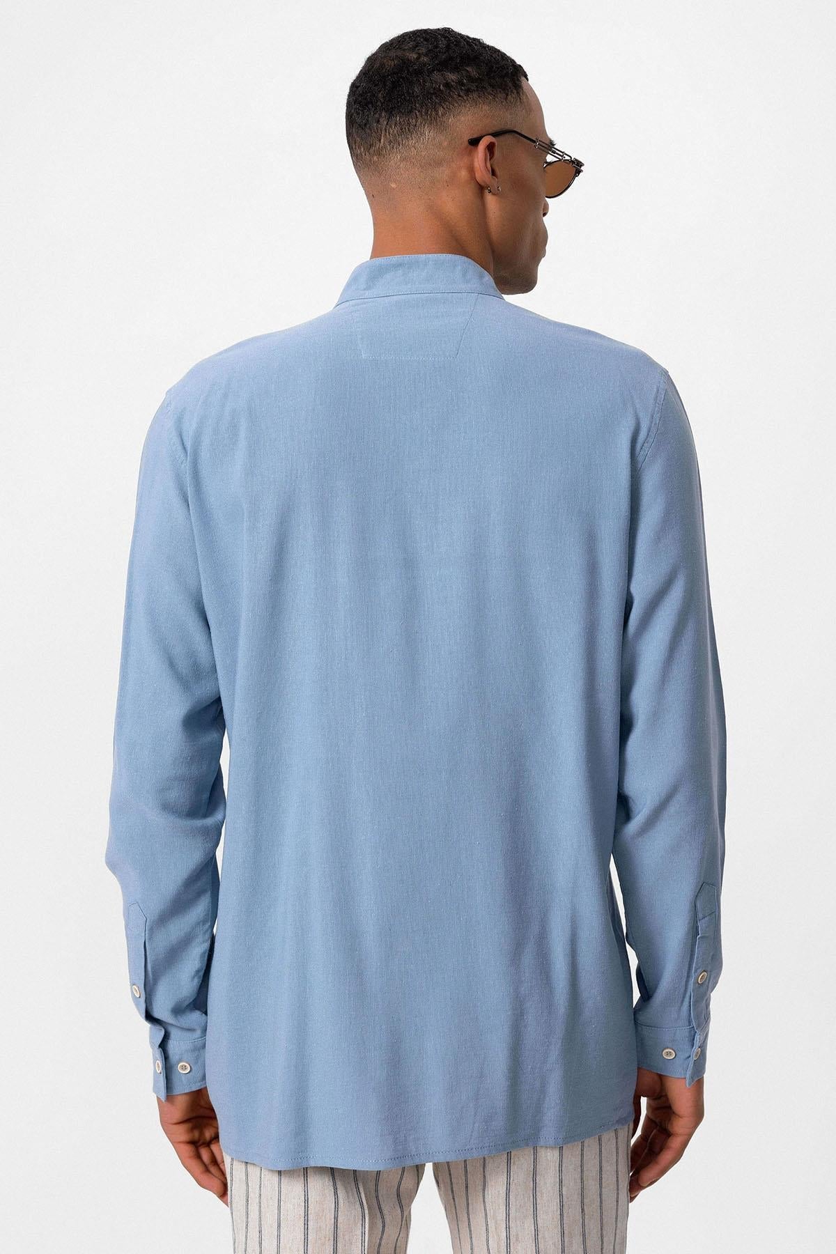 Men's Baby Blue Stand Collar Long-Sleeve Shirt