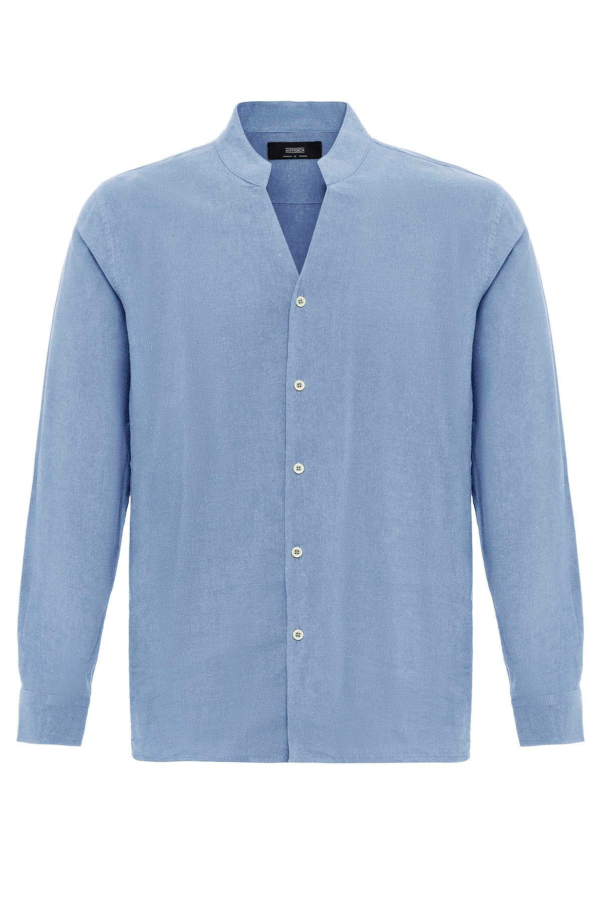 Men's Baby Blue Stand Collar Long-Sleeve Shirt -