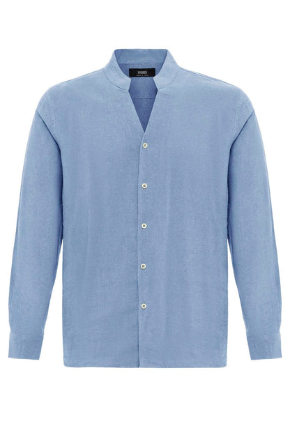 Men's Baby Blue Stand Collar Long-Sleeve Shirt -