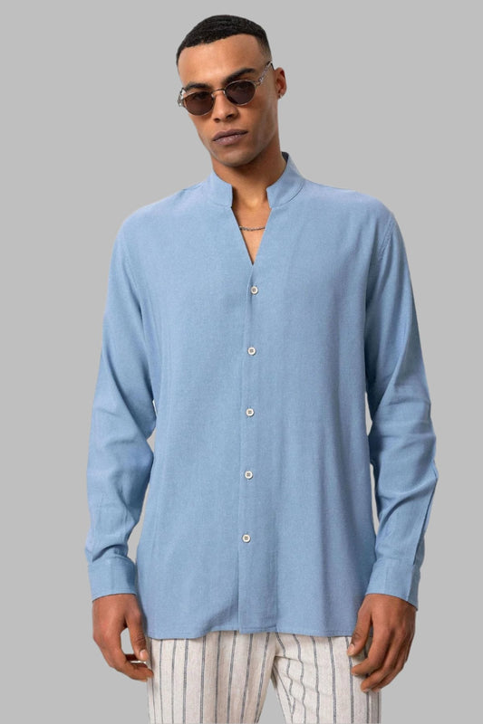 Men's Baby Blue Stand Collar Long-Sleeve Shirt
