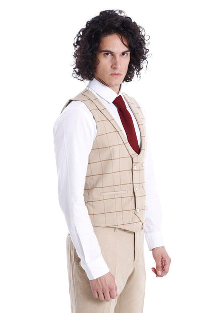 Beige Men Vest Pants Set