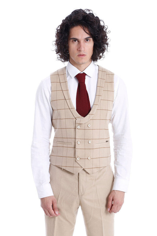 Beige Men Vest Pants Set