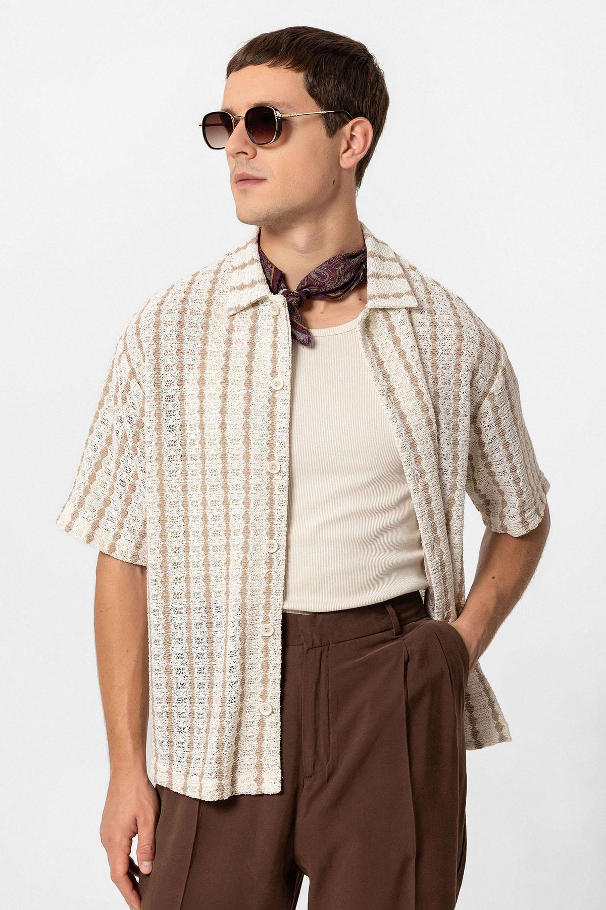 KOALA SYDNEY  Men's Beige Striped Knit Short-Sleeve Shirt -