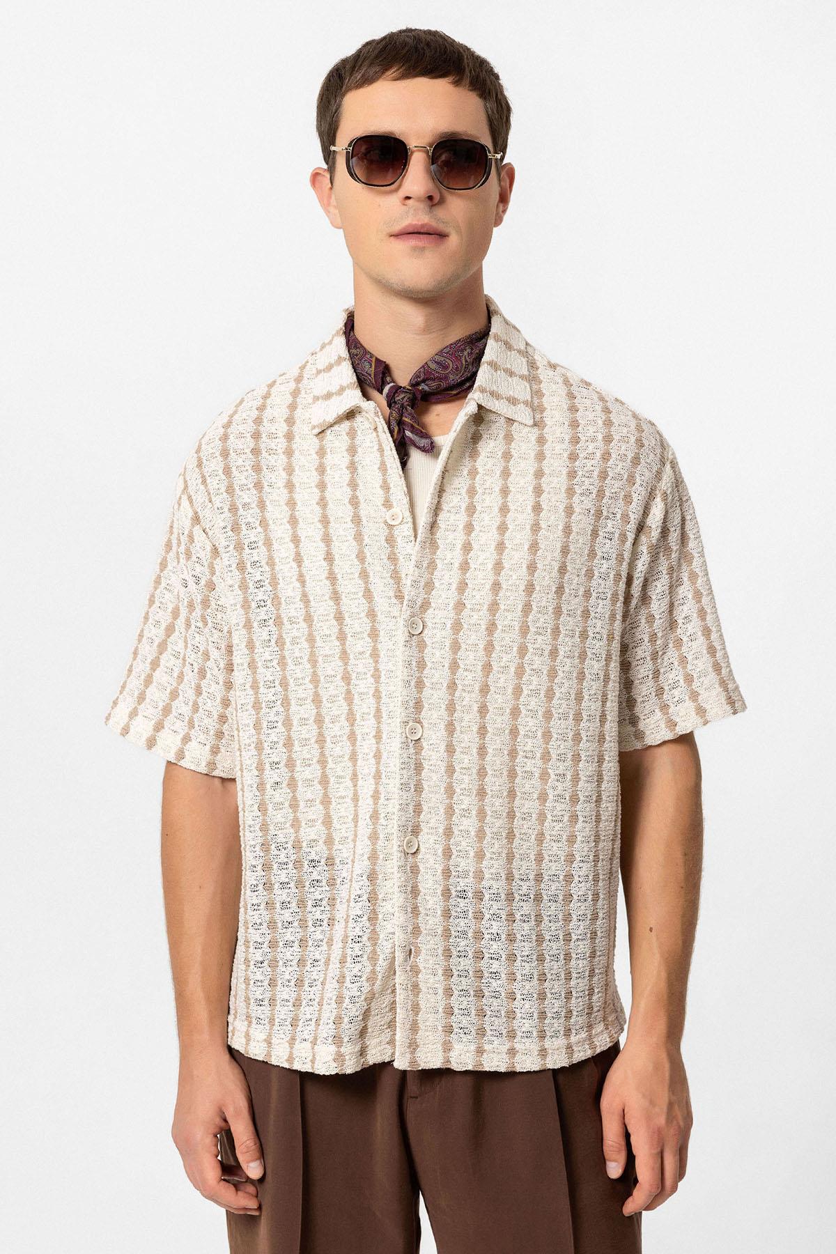 KOALA SYDNEY  Men's Beige Striped Knit Short-Sleeve Shirt -