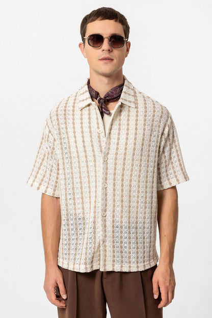 KOALA SYDNEY  Men's Beige Striped Knit Short-Sleeve Shirt -