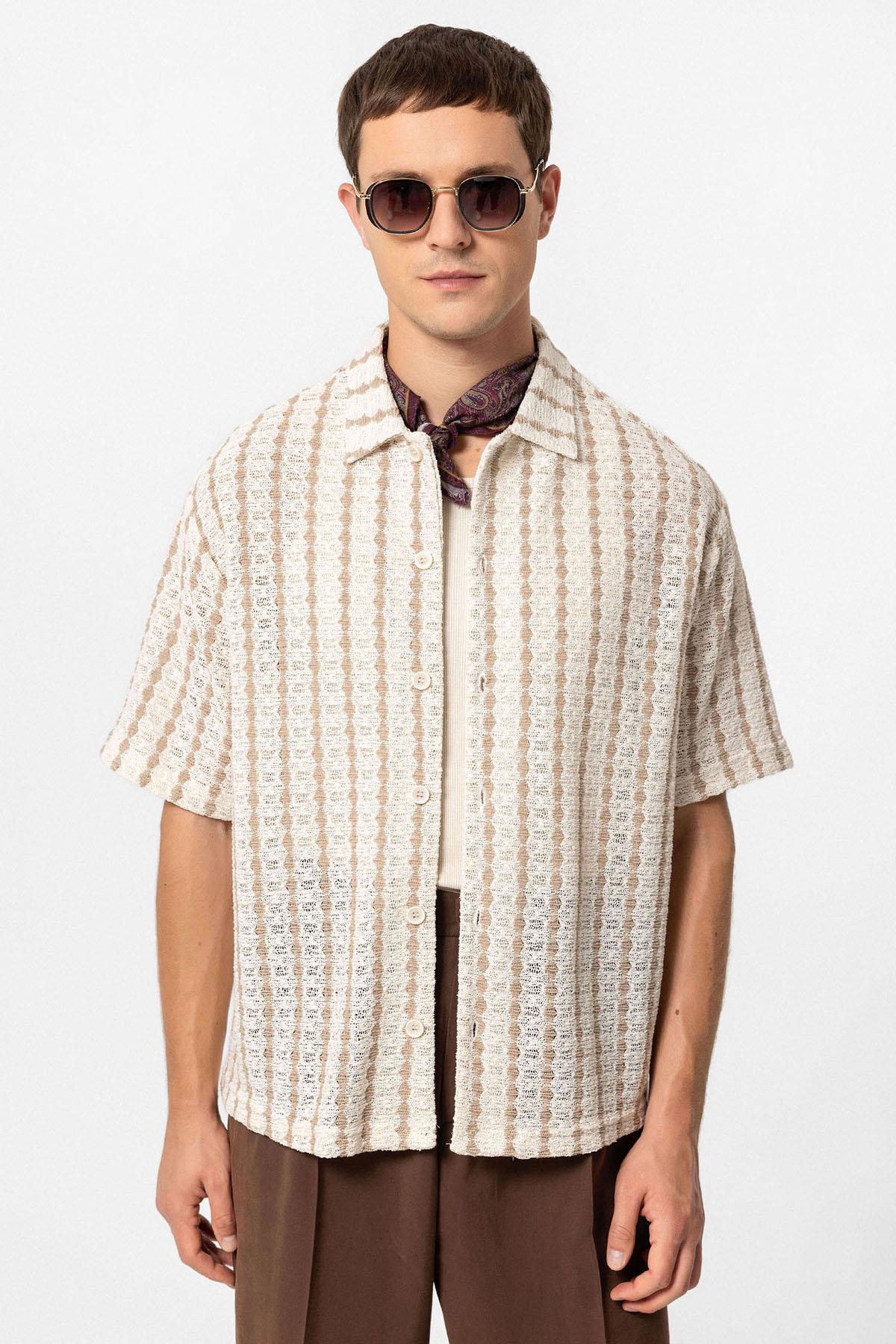 KOALA SYDNEY  Men's Beige Striped Knit Short-Sleeve Shirt -
