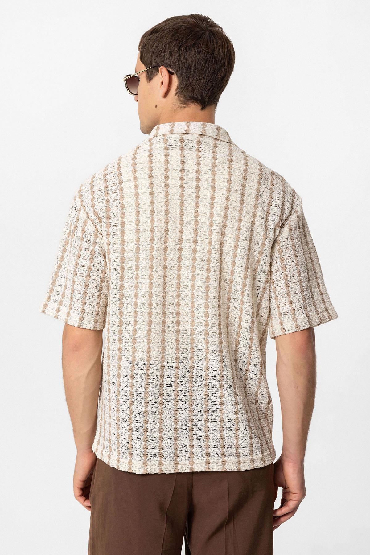 KOALA SYDNEY  Men's Beige Striped Knit Short-Sleeve Shirt -