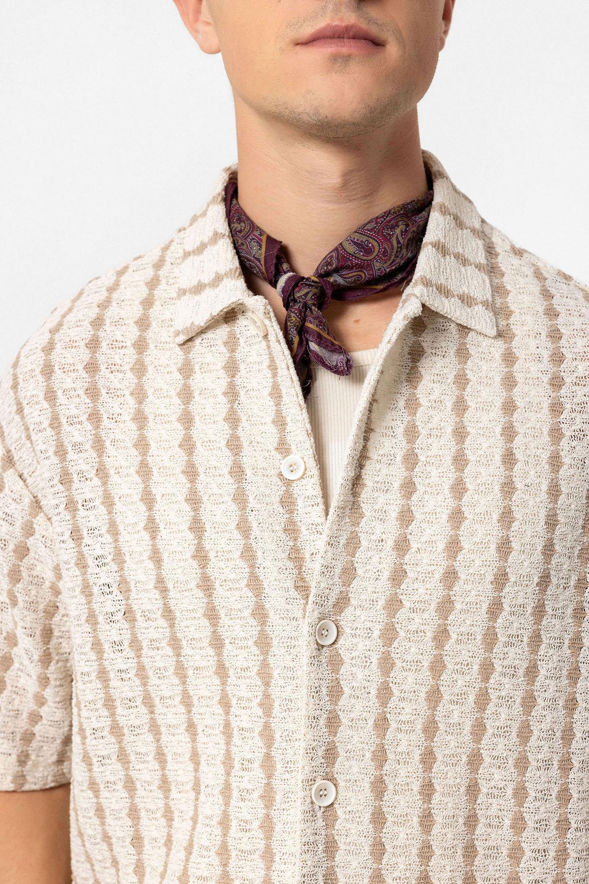 KOALA SYDNEY  Men's Beige Striped Knit Short-Sleeve Shirt -