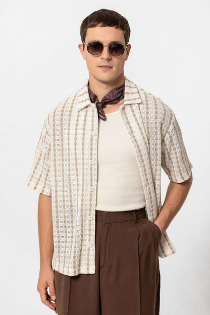 KOALA SYDNEY Men's Beige Striped Knit Short-Sleeve Shirt