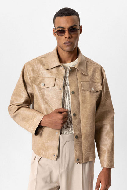 Beige Crop Fit Faux Leather Men's Jacket