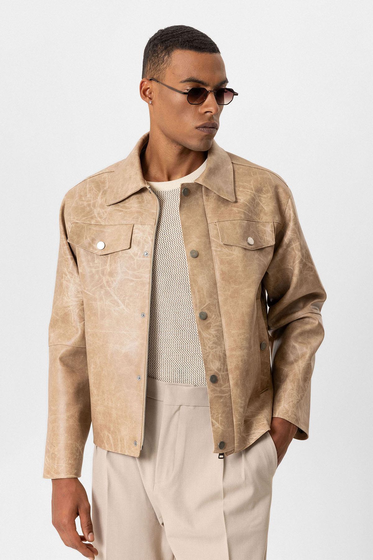 Beige Crop Fit Faux Leather Men's Jacket