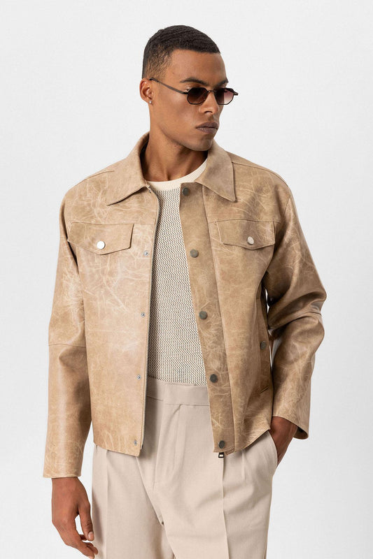Beige Crop Fit Faux Leather Men's Jacket
