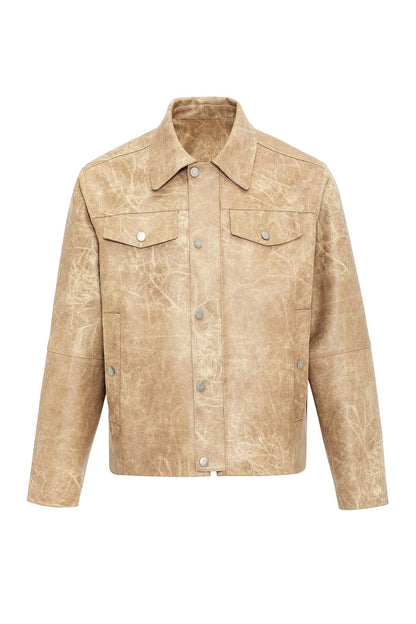 Beige Crop Fit Faux Leather Men's Jacket
