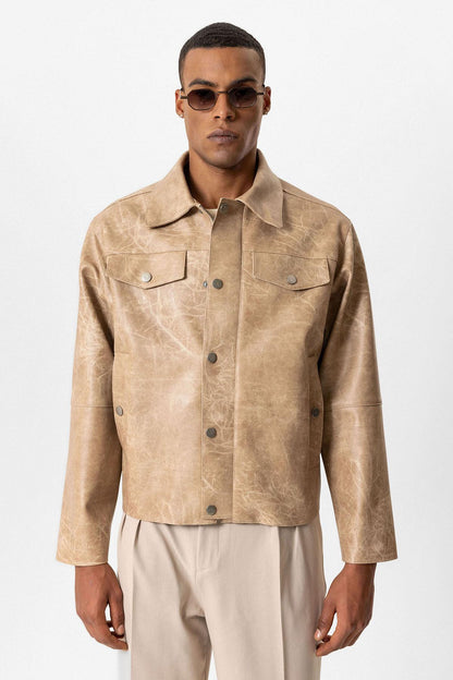 Beige Crop Fit Faux Leather Men's Jacket