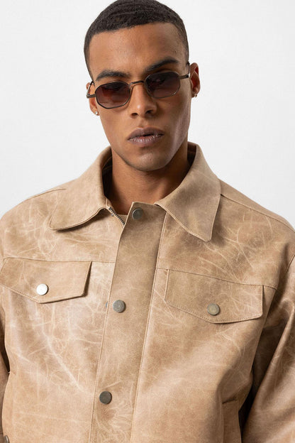 Beige Crop Fit Faux Leather Men's Jacket