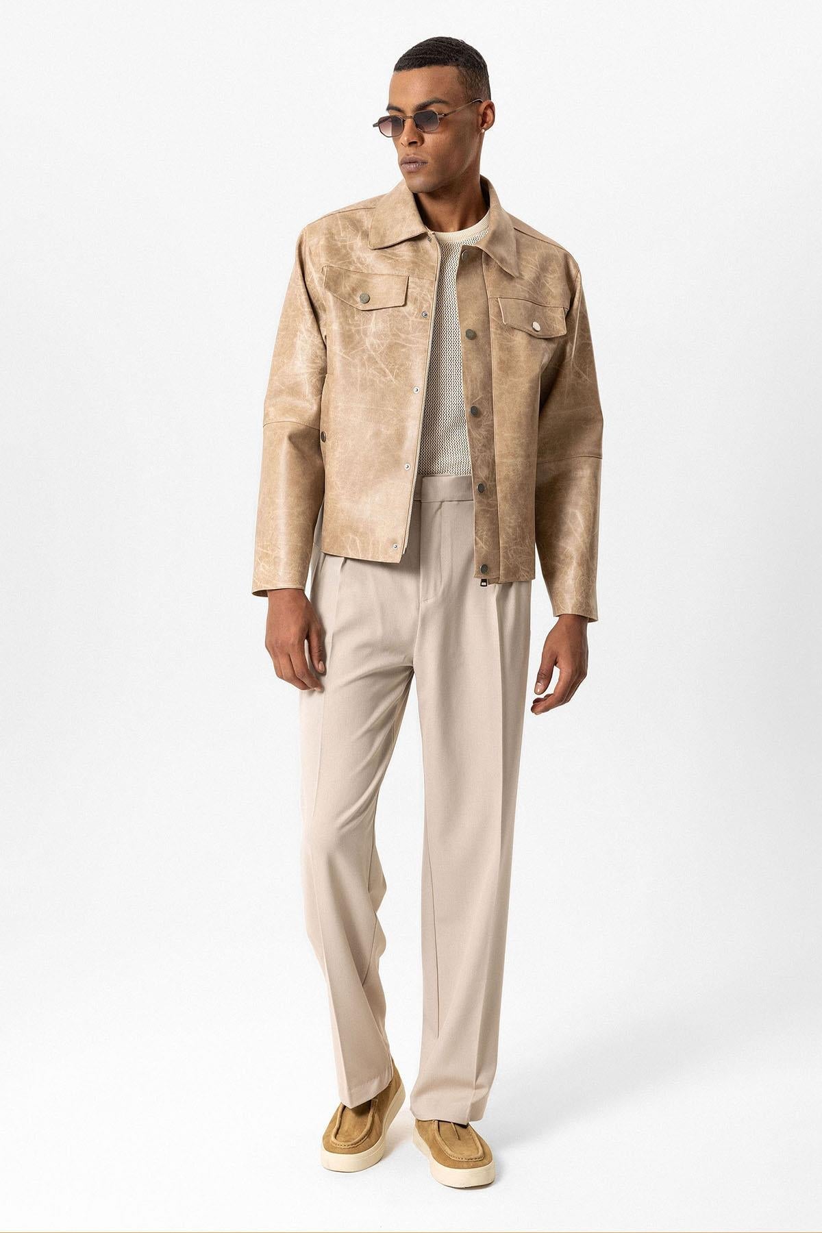 Beige Crop Fit Faux Leather Men's Jacket