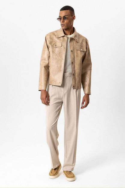 Beige Crop Fit Faux Leather Men's Jacket