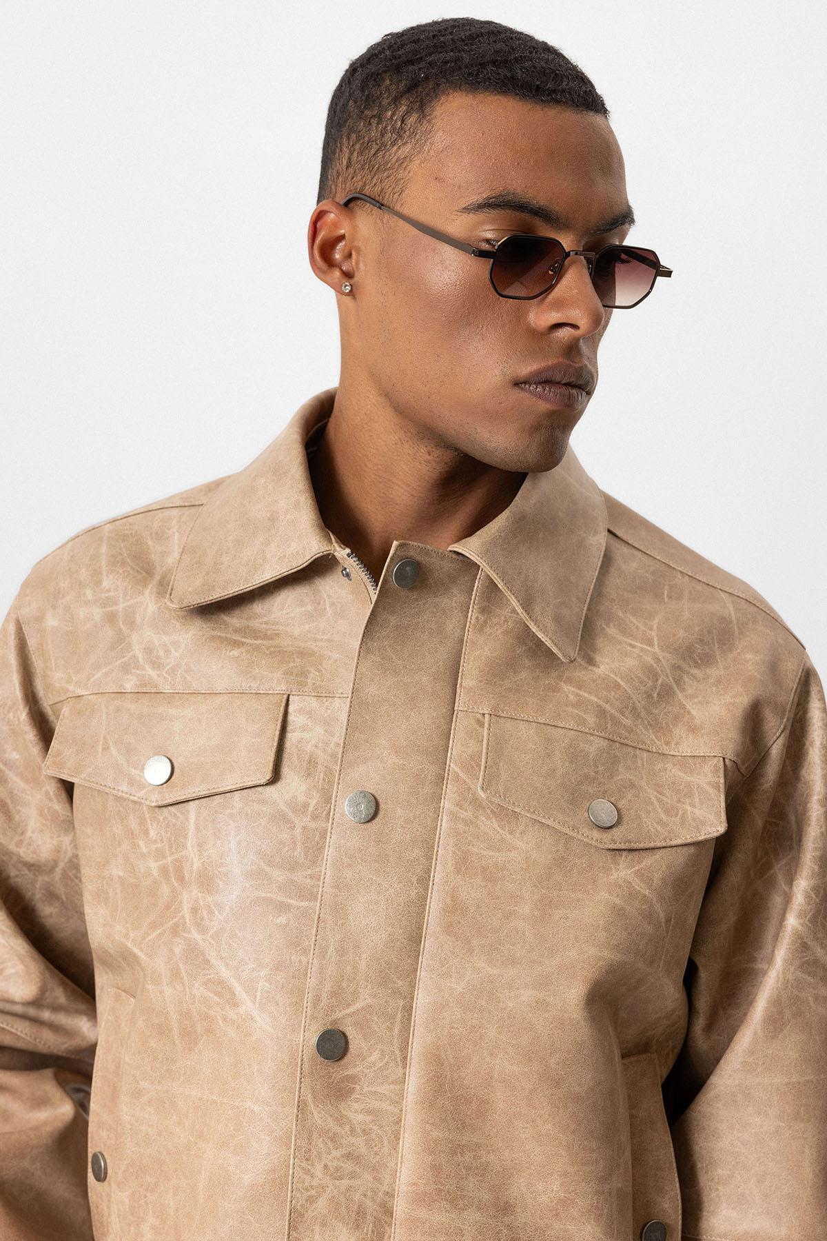 Beige Crop Fit Faux Leather Men's Jacket