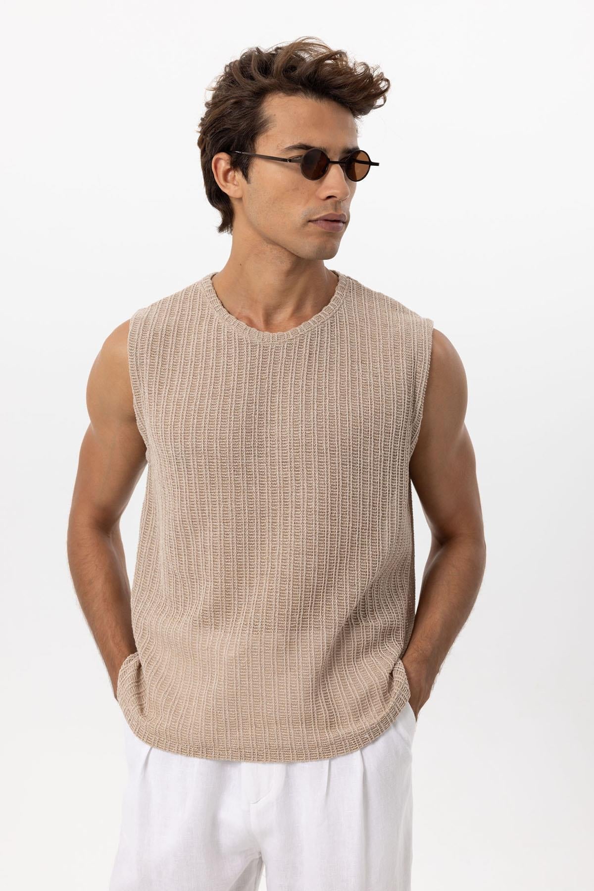 Men's Beige Textured Tank Top