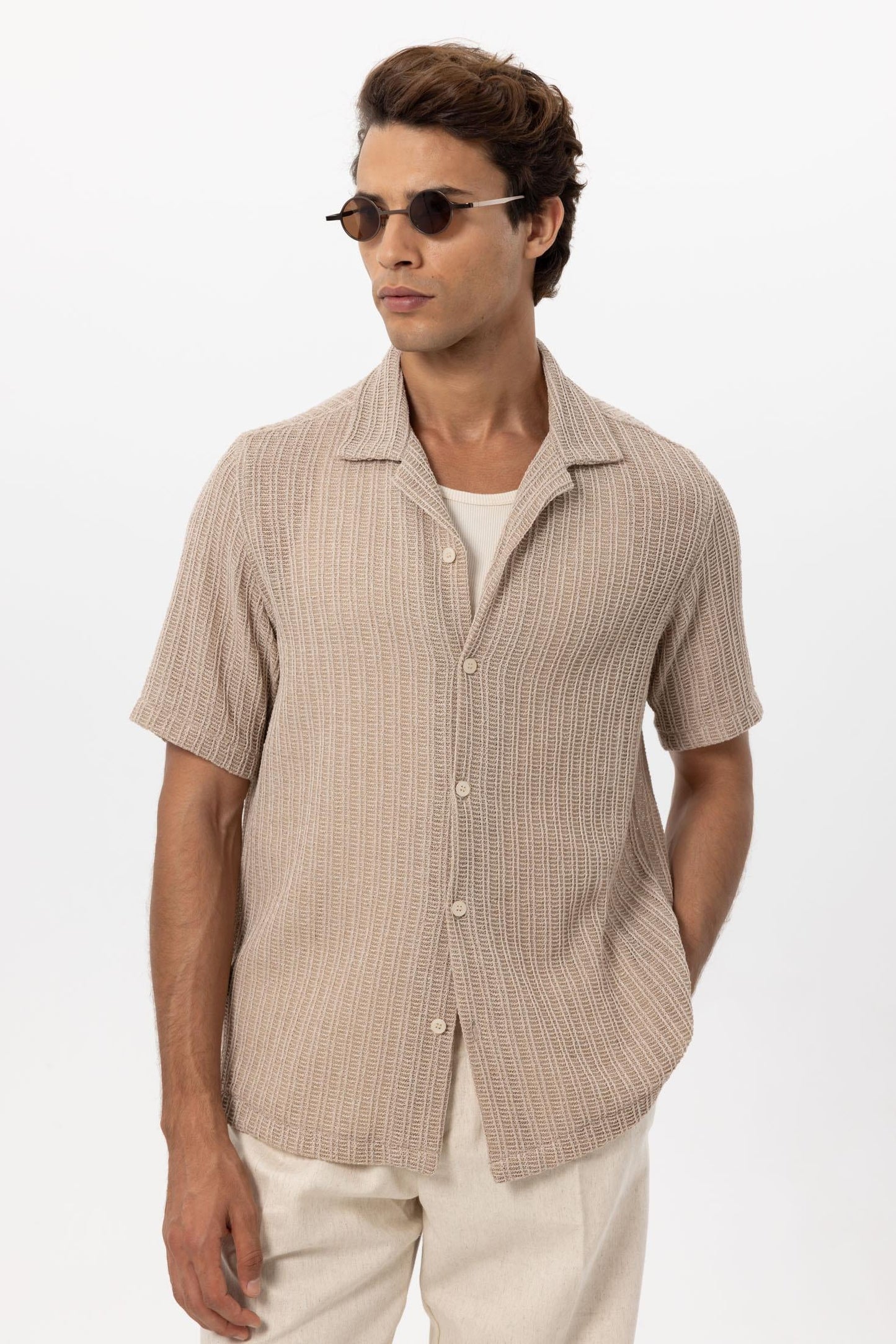Men's Beige Textured Crochet Shirt