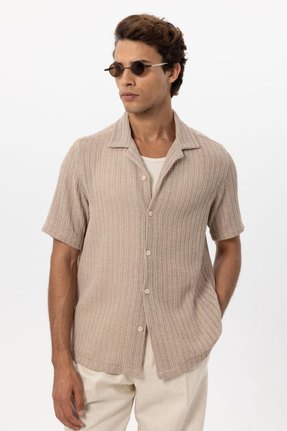 Men's Beige Textured Crochet Shirt