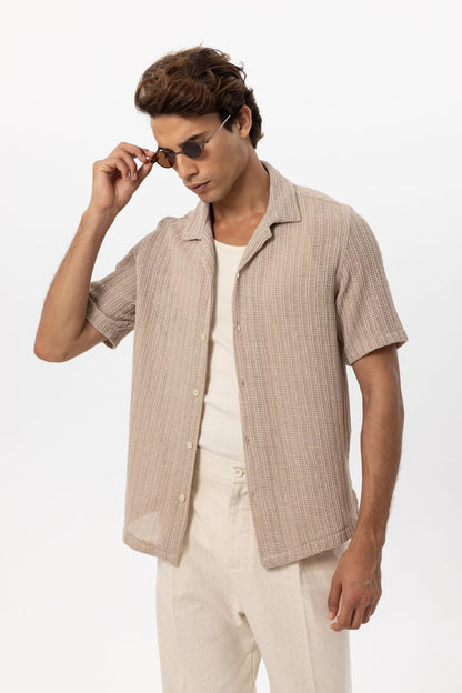 Men's Beige Textured Crochet Shirt