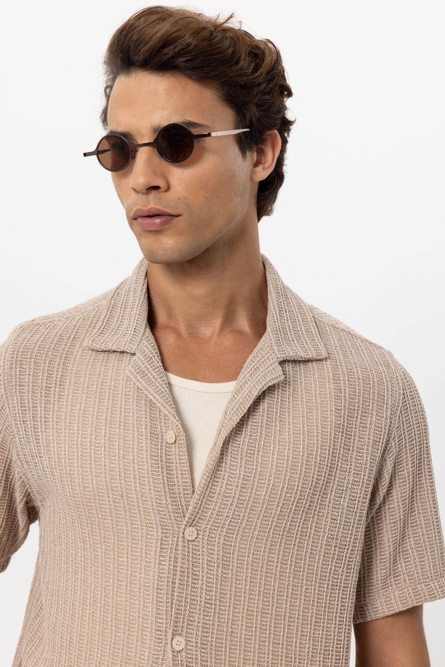 Men's Beige Textured Crochet Shirt -