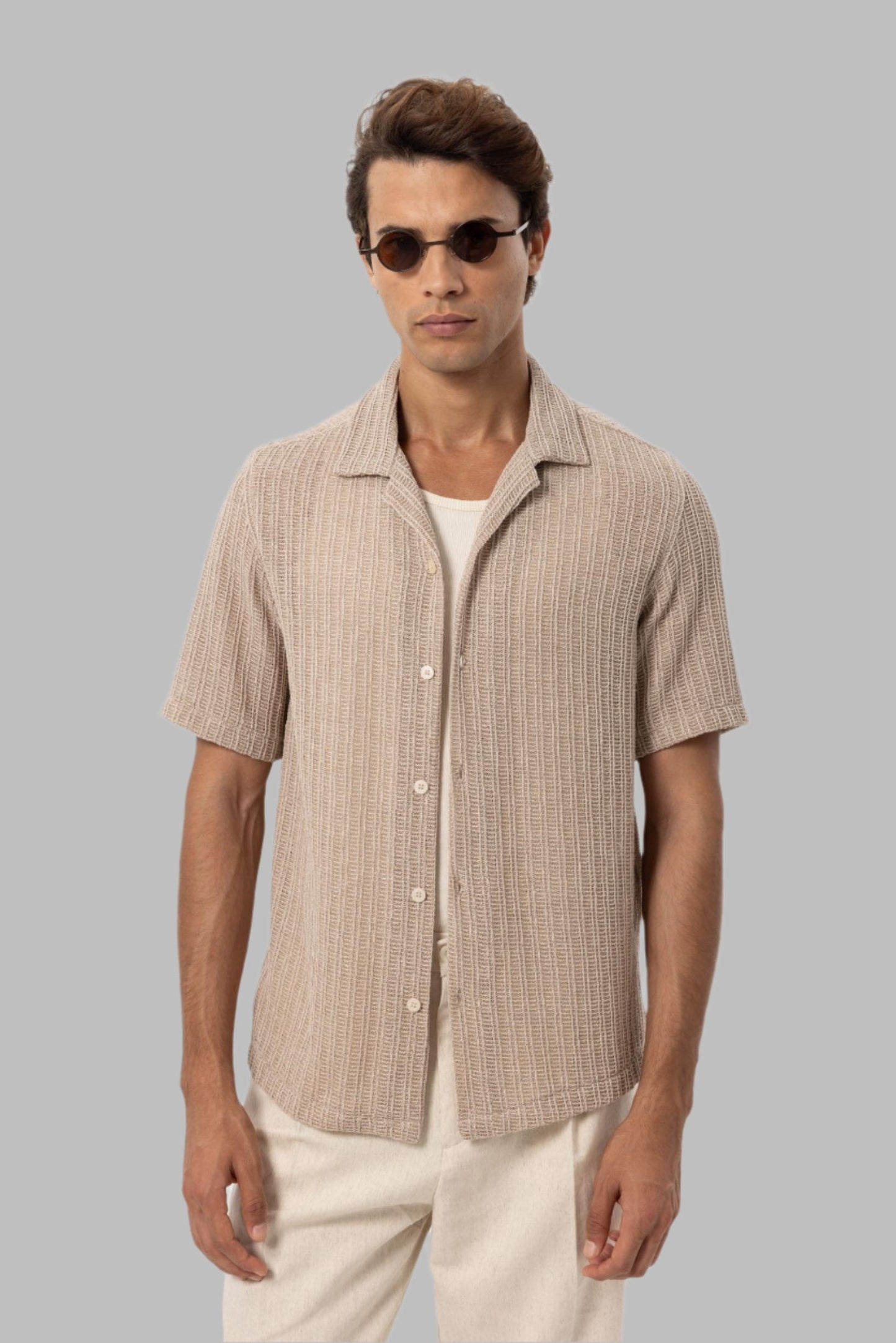 Men's Beige Textured Crochet Shirt