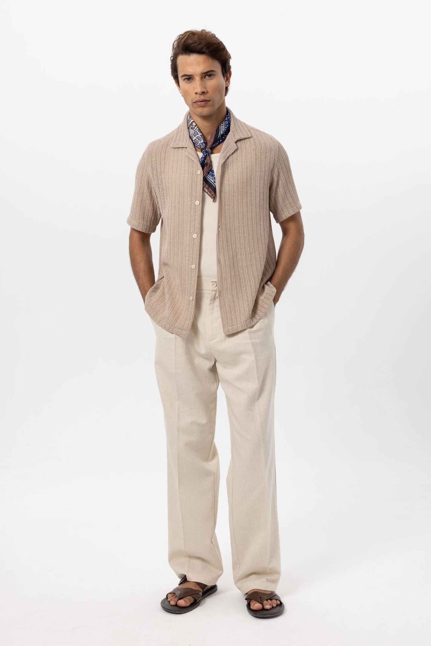 Men's Beige Textured Crochet Shirt
