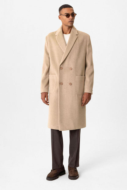 Beige Textured Double-Breasted Men's Coat