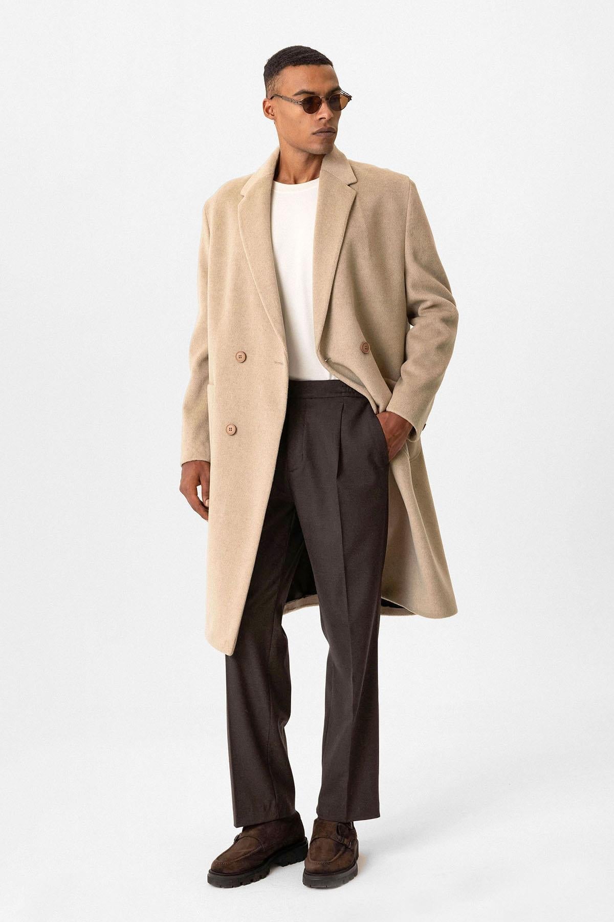 Beige Textured Double-Breasted Men's Coat