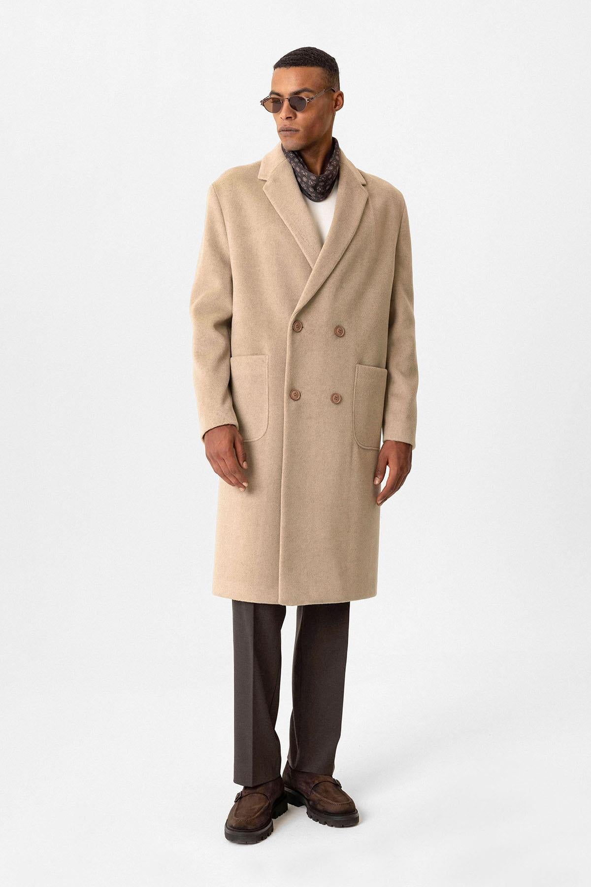 Beige Textured Double-Breasted Men's Coat