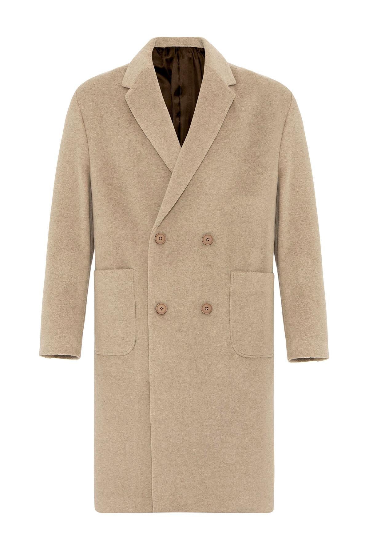Beige Textured Double-Breasted Men's Coat