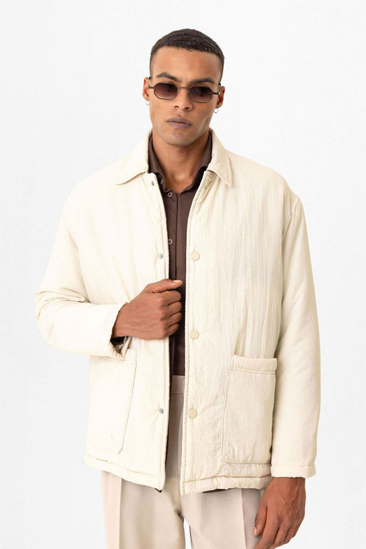 Beige Lightly Padded Men's Jacket with Cargo Pockets