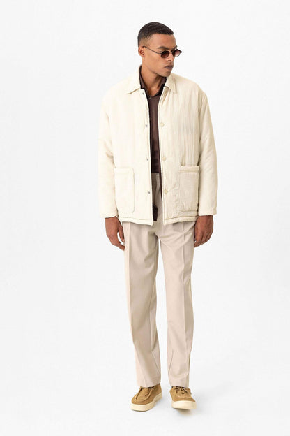 Beige Lightly Padded Men's Jacket with Cargo Pockets