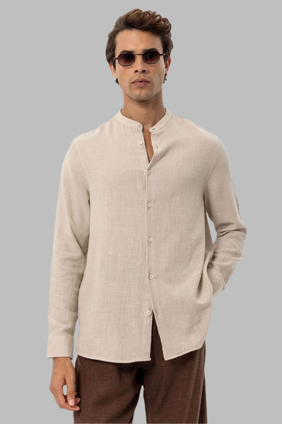 Men's Beige Mandarin Collar Woven Shirt