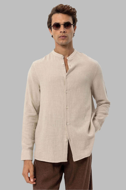 Men's Beige Mandarin Collar Woven Shirt