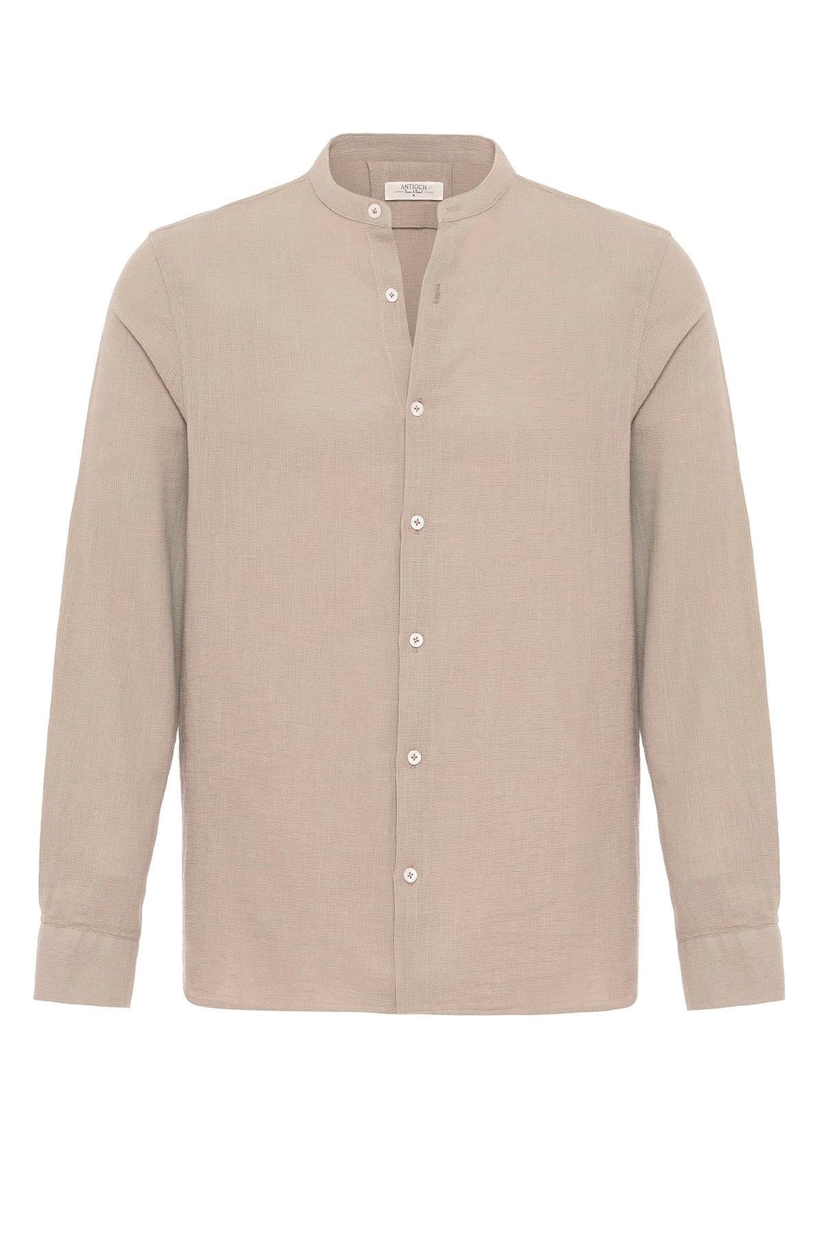 Men's Beige Mandarin Collar Woven Shirt
