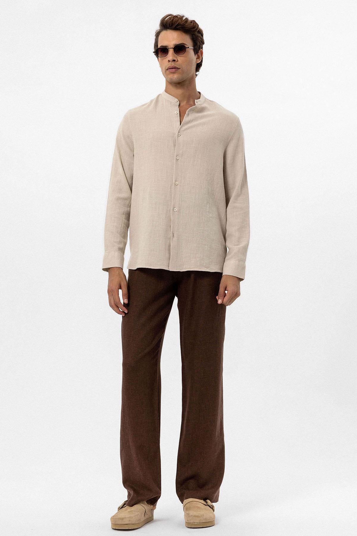 Men's Beige Mandarin Collar Woven Shirt