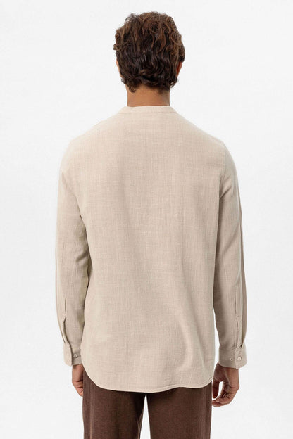 Men's Beige Mandarin Collar Woven Shirt