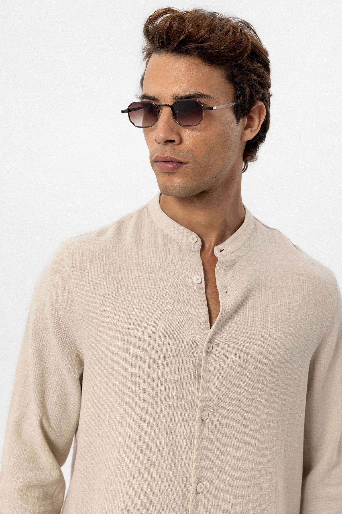 Men's Beige Mandarin Collar Woven Shirt