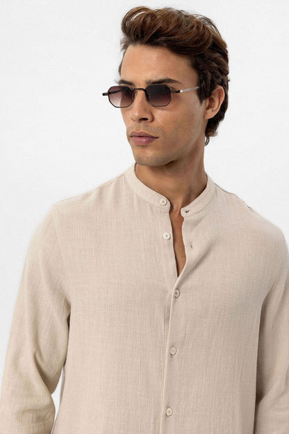 Men's Beige Mandarin Collar Woven Shirt
