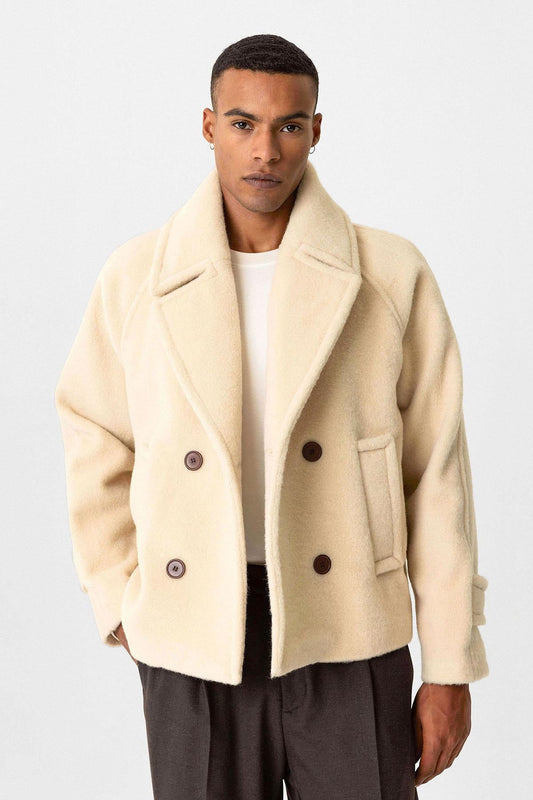 Beige Double-Breasted Crop Fit Men's Jacket