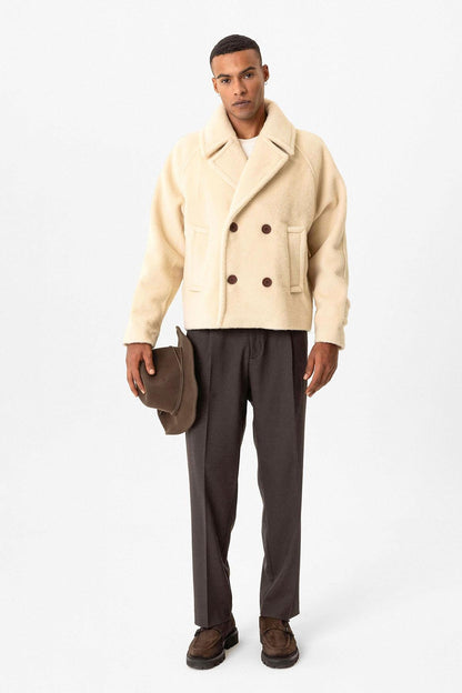 Beige Double-Breasted Crop Fit Men's Jacket
