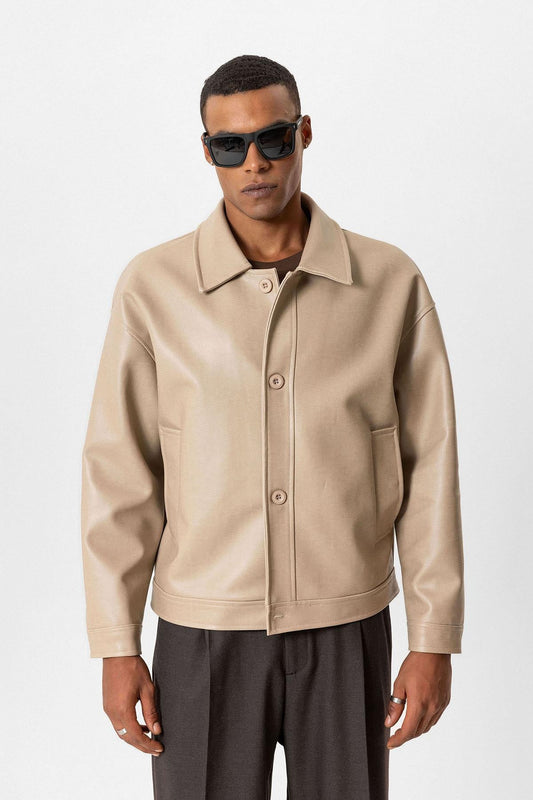 Beige Oversize Faux Leather Men's Jacket