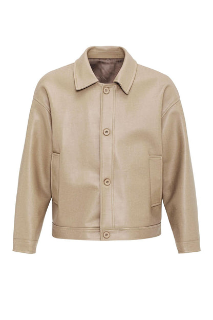 Beige Oversize Faux Leather Men's Jacket