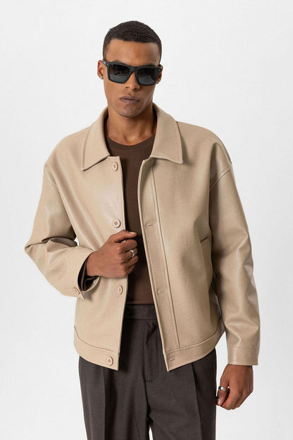 Beige Oversize Faux Leather Men's Jacket