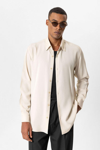 Beige Technical Tencel Fabric Men's Shirt