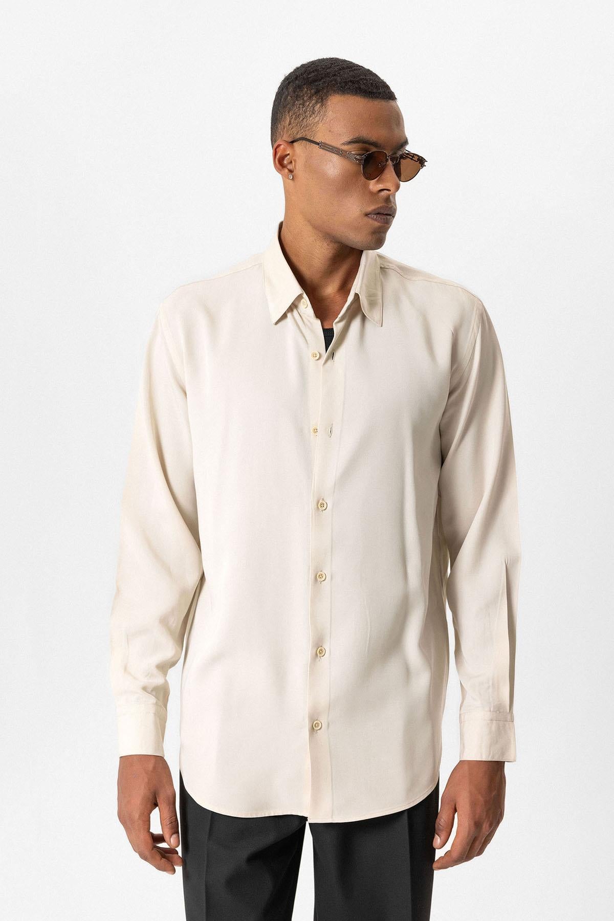 Beige Technical Tencel Fabric Men's Shirt