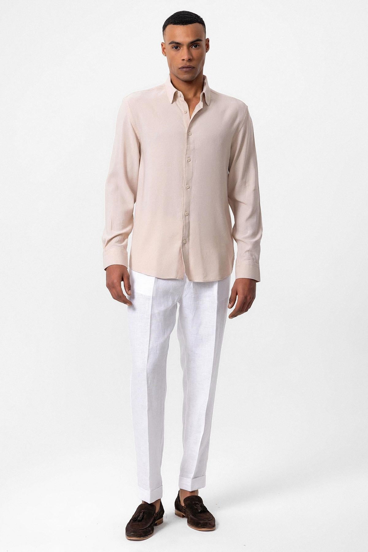 Men's Beige Long-Sleeve Linen Shirt
